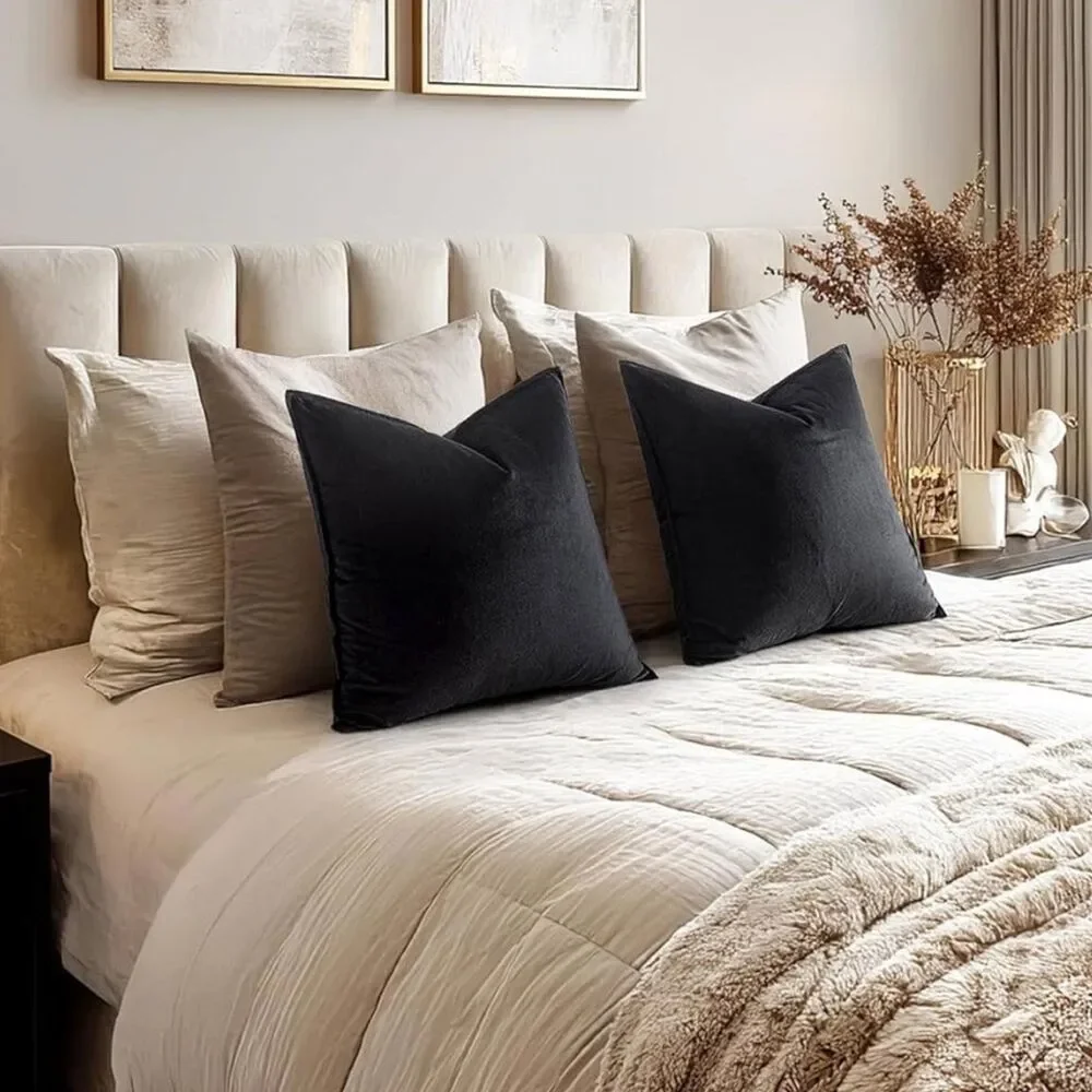 Jet Black VELVET Euro Accent Pillow Covers Luxury High End Hotel Vibes
